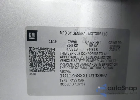 2020 Chevrolet Impala Fwd Lt из США, поврежденный, VIN 1G11Z5S3XLU103897